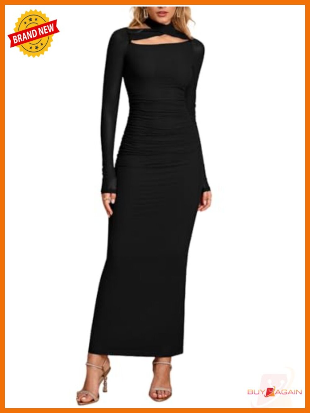 Women's Formal Long Sleeve Maxi Dress Crisscross Halter Mesh Ruched Bodycon